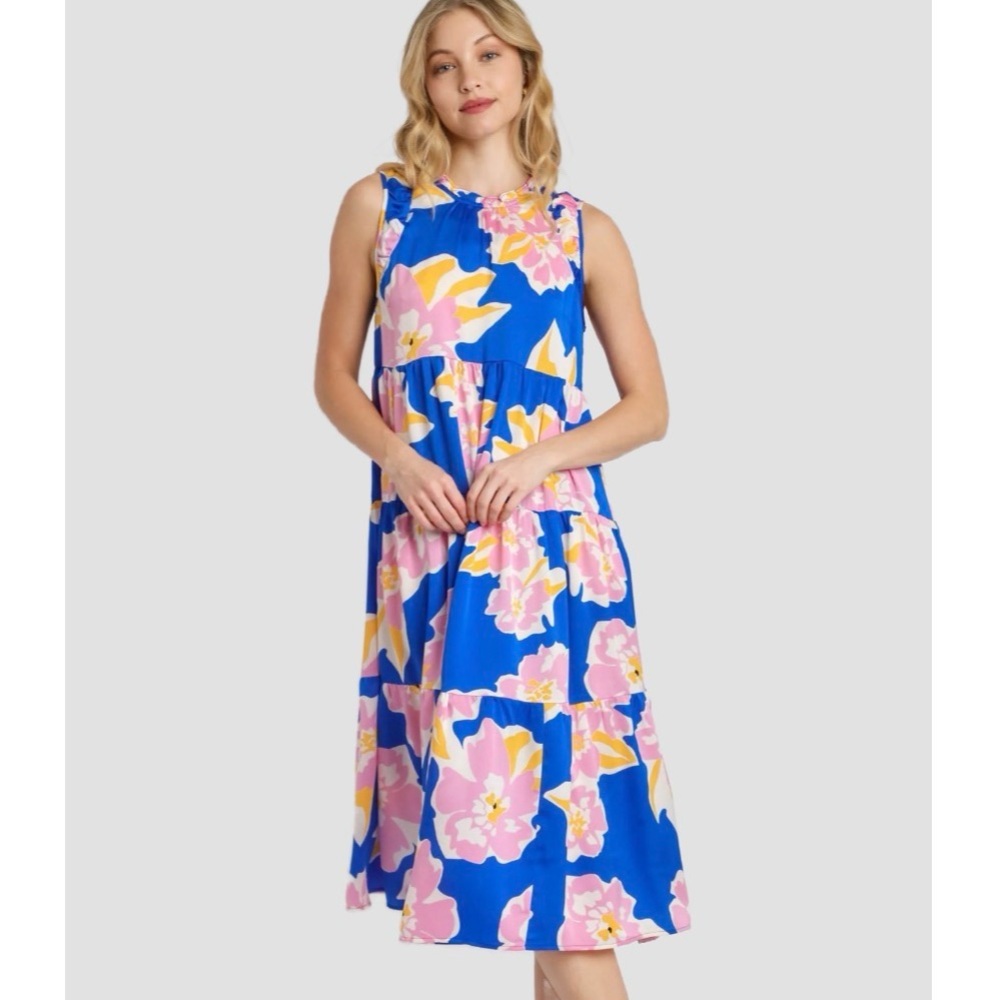 Umgee Cobalt Royal Blue Pink Floral Sleeveless flowy dress